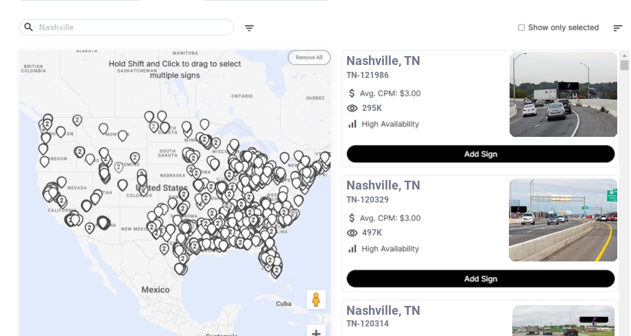 Billboard advertising in Nashville, Tennessee - Choose your favorite location