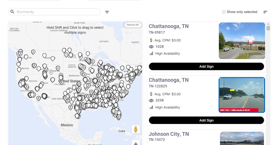 Billboard advertising in Normandy Tn, Tennessee - Choose your favorite location