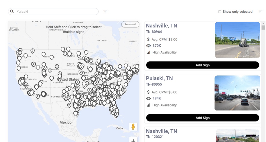 Billboard advertising in Pulaski, Tennessee - Choose your favorite location