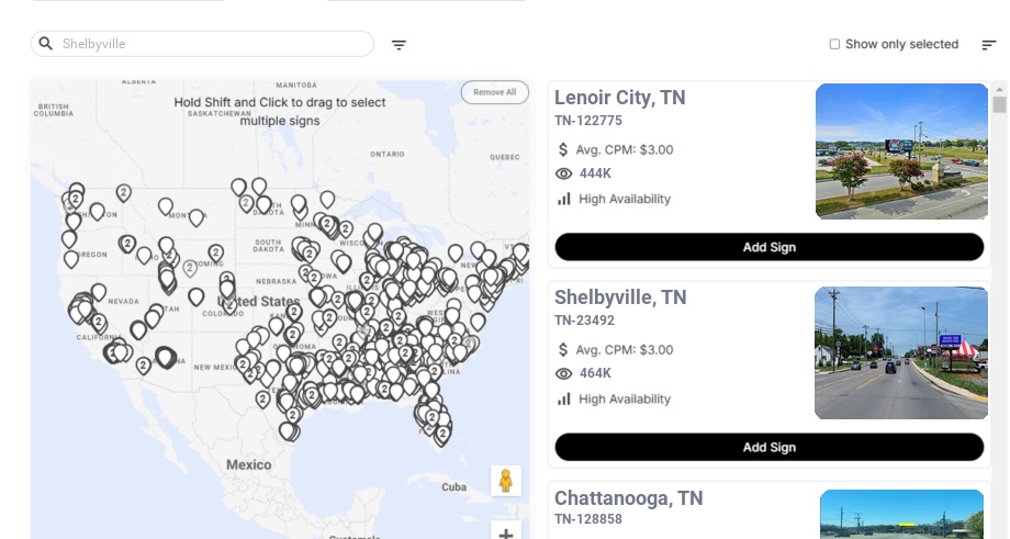 Billboard advertising in Shelbyville, Tennessee - Choose your favorite location