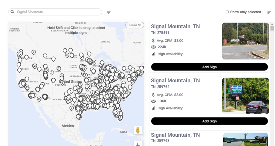 Billboard advertising in Signal Mountain, Tennessee - Choose your favorite location