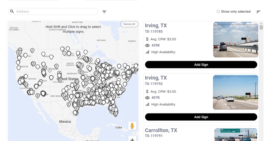 Billboard advertising in Addison Tx, Texas - Choose your favorite location