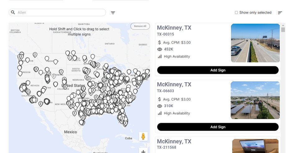 Billboard advertising in Allen, Texas - Choose your favorite location