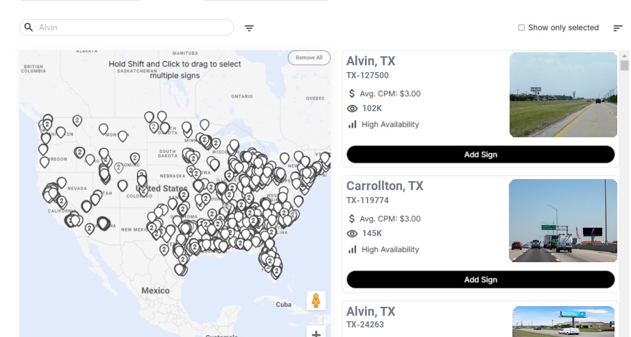 Billboard advertising in Alvin Tx, Texas - Choose your favorite location