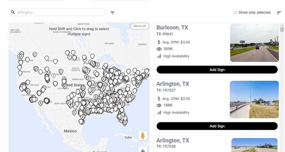 Billboard advertising in Arlington, Texas - Choose your favorite location