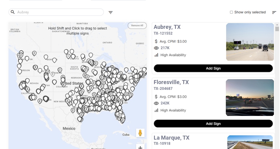 Billboard advertising in Aubrey Tx, Texas - Choose your favorite location