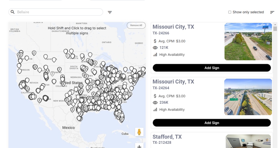 Billboard advertising in Bellaire Tx, Texas - Choose your favorite location