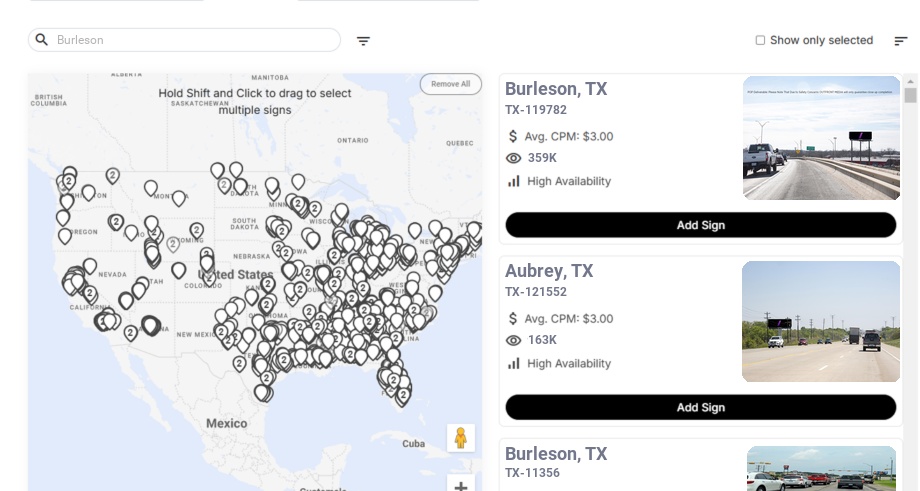 Billboard advertising in Burleson Tx, Texas - Choose your favorite location
