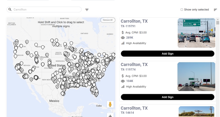 Billboard advertising in Carrollton Tx, Texas - Choose your favorite location