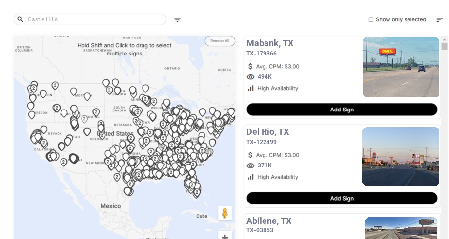 Billboard advertising in Castle Hills Tx, Texas - Choose your favorite location