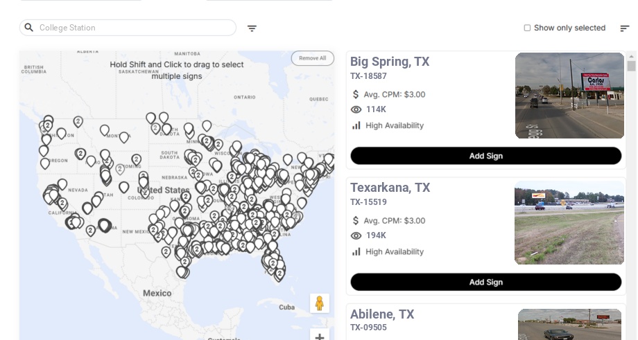 Billboard advertising in College Station Tx, Texas - Choose your favorite location