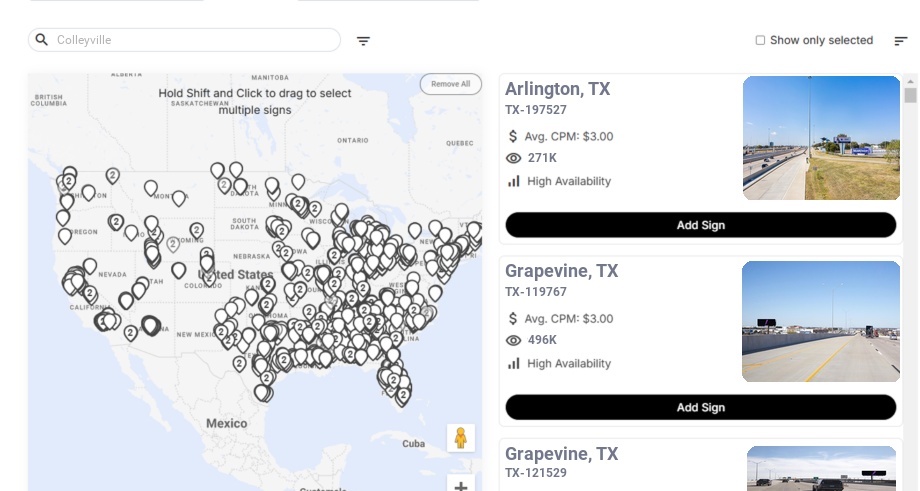 Billboard advertising in Colleyville Tx, Texas - Choose your favorite location