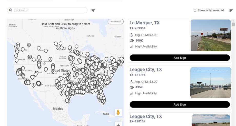 Billboard advertising in Dickinson Tx, Texas - Choose your favorite location