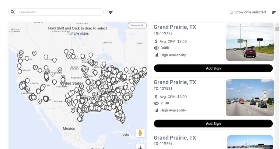 Billboard advertising in Duncanville Tx, Texas - Choose your favorite location