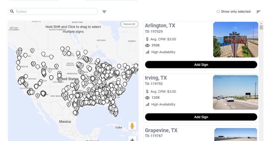 Billboard advertising in Euless Tx, Texas - Choose your favorite location