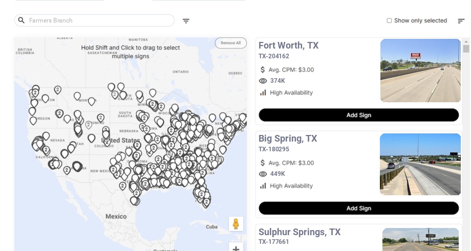 Billboard advertising in Farmers Branch Tx, Texas - Choose your favorite location