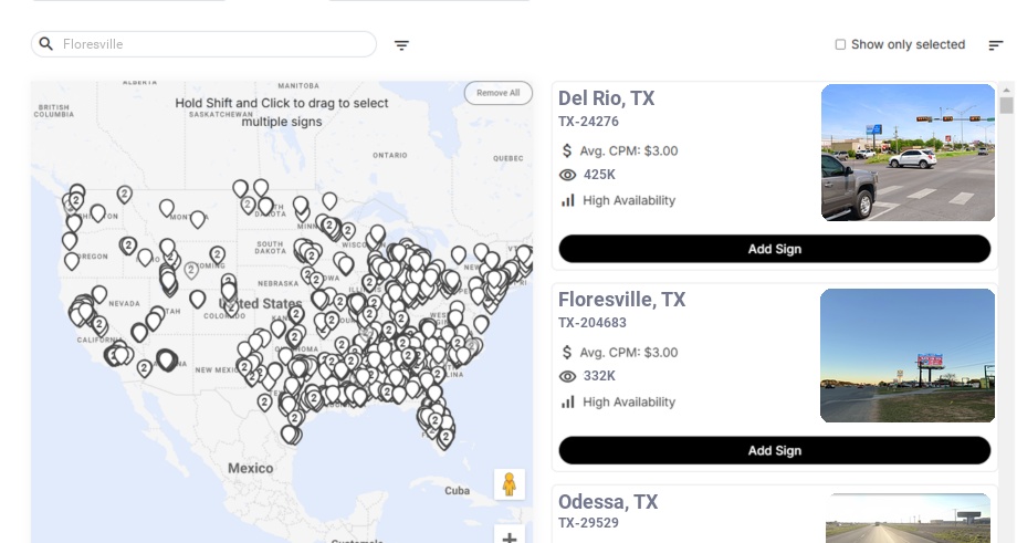 Billboard advertising in Floresville, Texas - Choose your favorite location