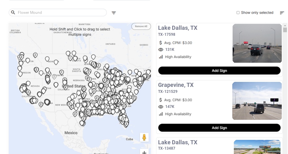 Billboard advertising in Flower Mound Tx, Texas - Choose your favorite location