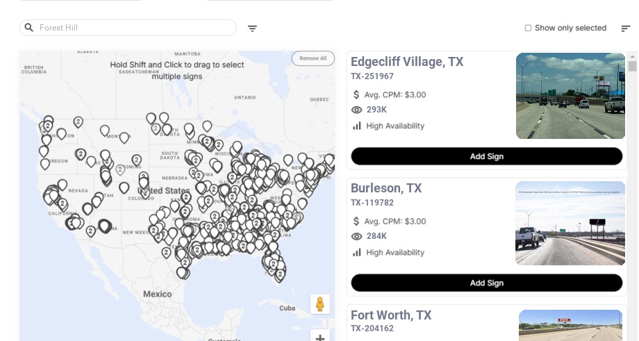 Billboard advertising in Forest Hill Tx, Texas - Choose your favorite location