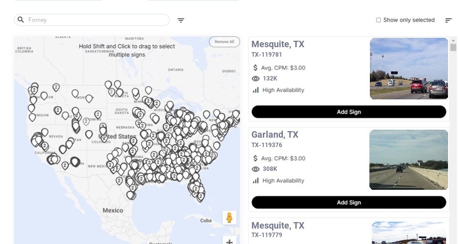 Billboard advertising in Forney, Texas - Choose your favorite location