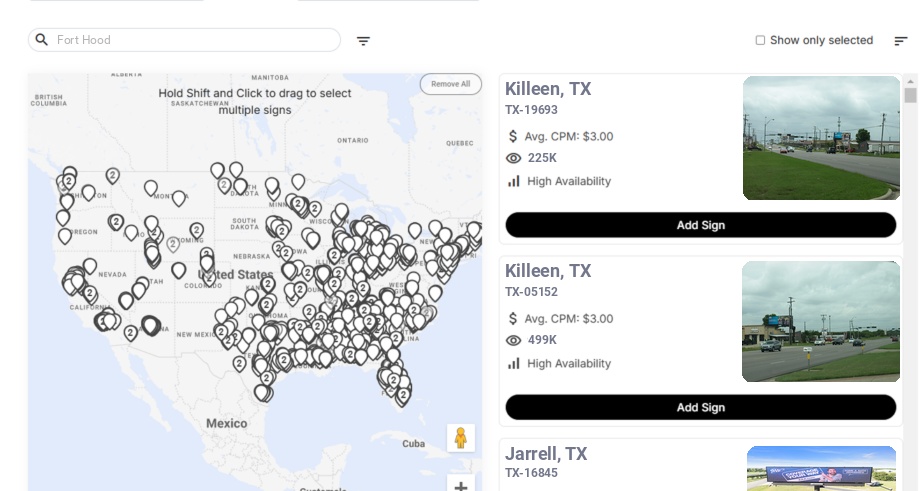 Billboard advertising in Fort Hood Tx, Texas - Choose your favorite location
