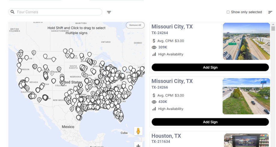 Billboard advertising in Four Corners Tx, Texas - Choose your favorite location