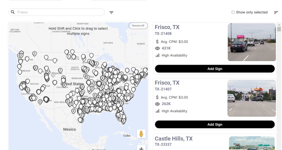 Billboard advertising in Frisco, Texas - Choose your favorite location