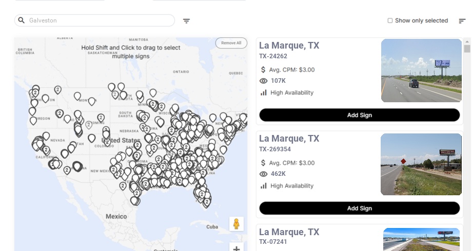 Billboard advertising in Galveston Tx, Texas - Choose your favorite location