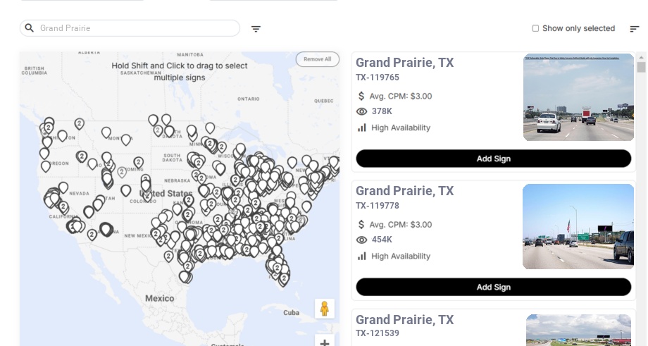 Billboard advertising in Grand Prairie, Texas - Choose your favorite location