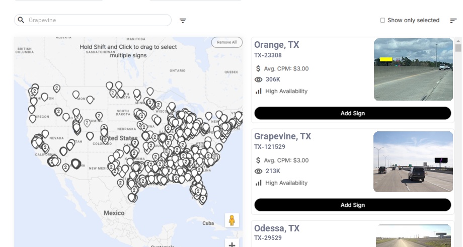 Billboard advertising in Grapevine, Texas - Choose your favorite location