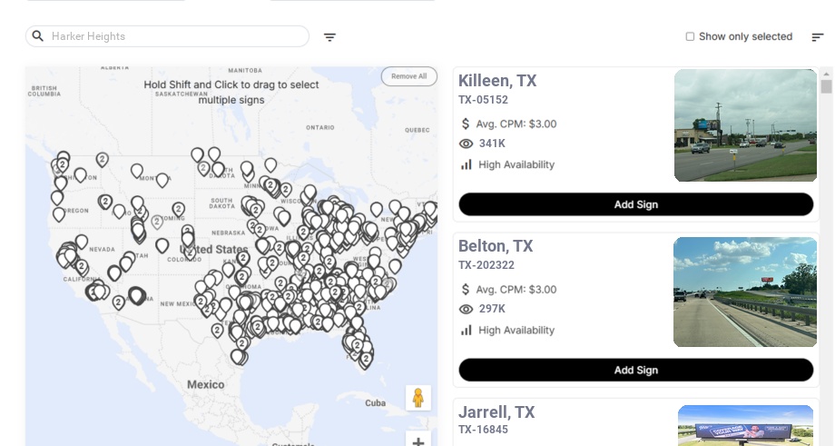 Billboard advertising in Harker Heights Tx, Texas - Choose your favorite location