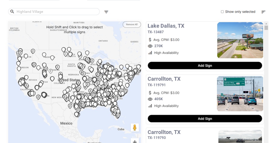 Billboard advertising in Highland Village Tx, Texas - Choose your favorite location