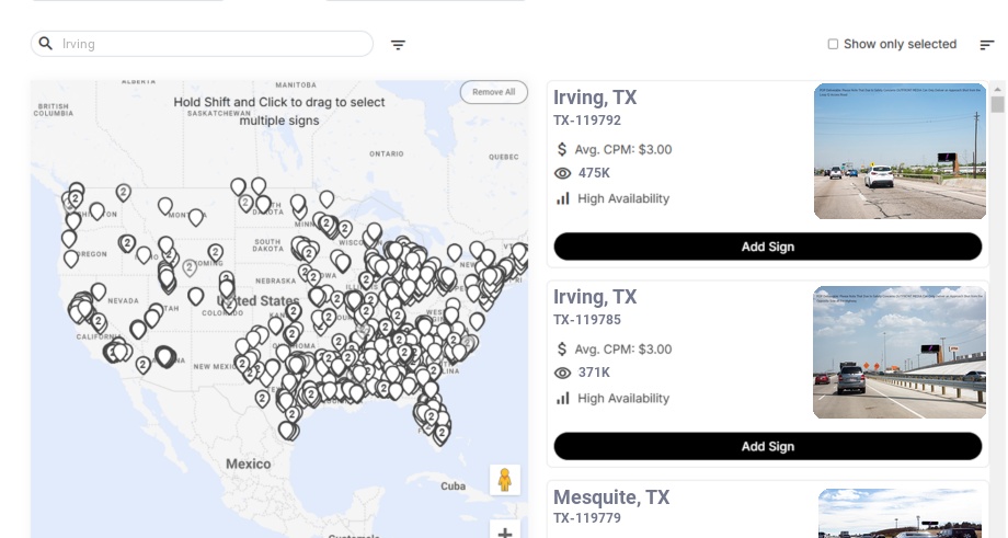 Billboard advertising in Irving Tx, Texas - Choose your favorite location