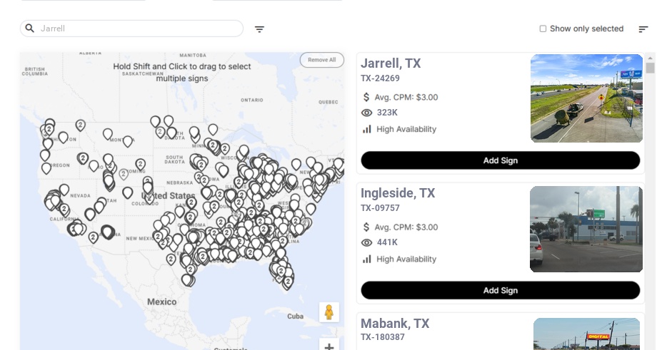 Billboard advertising in Jarrell Tx, Texas - Choose your favorite location