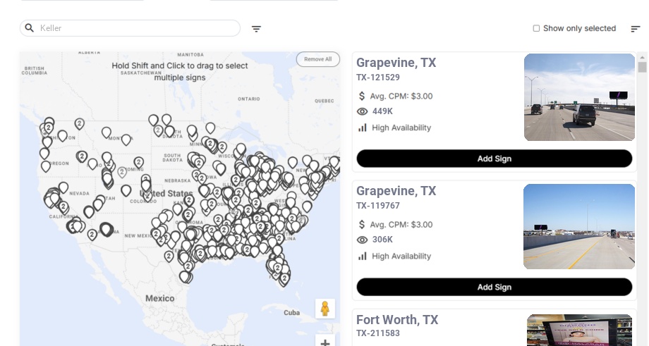 Billboard advertising in Keller Tx, Texas - Choose your favorite location