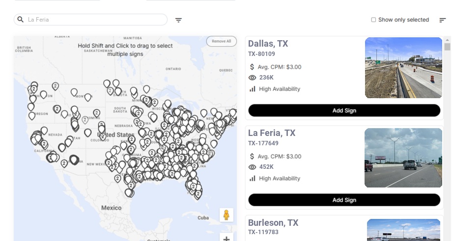 Billboard advertising in La Feria Tx, Texas - Choose your favorite location