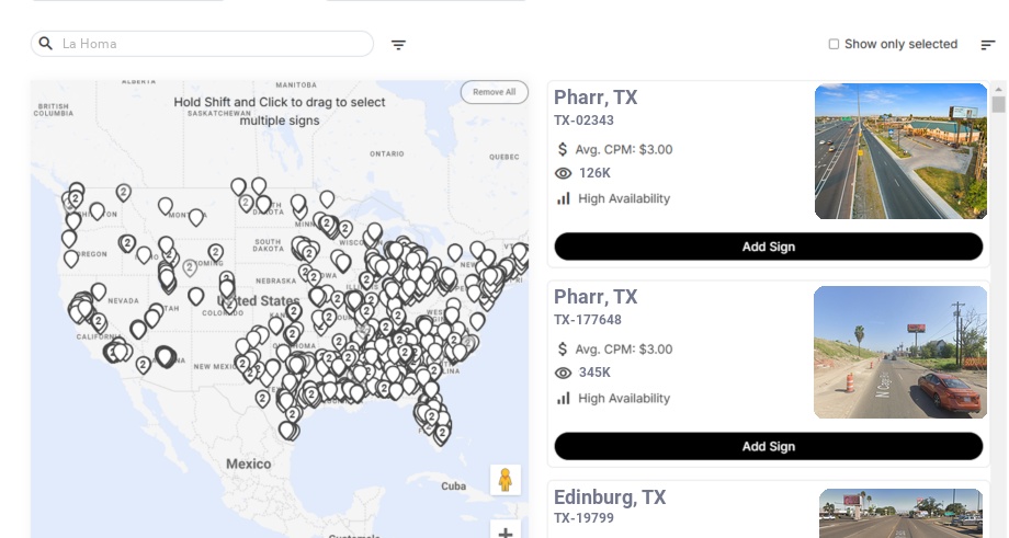 Billboard advertising in La Homa Tx, Texas - Choose your favorite location
