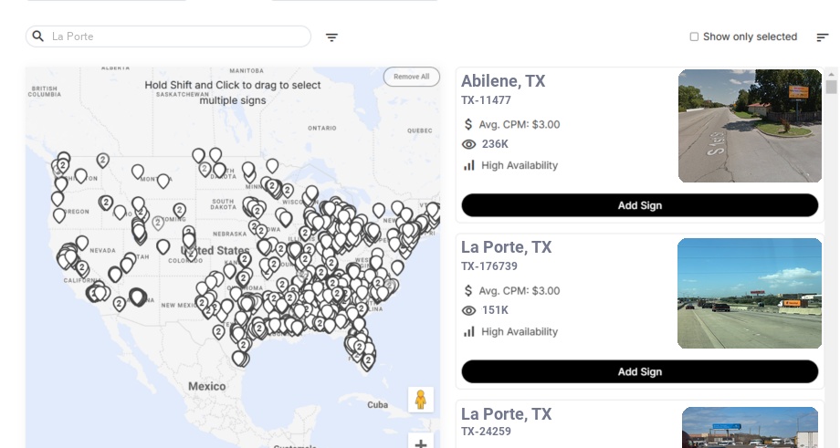 Billboard advertising in La Porte Tx, Texas - Choose your favorite location