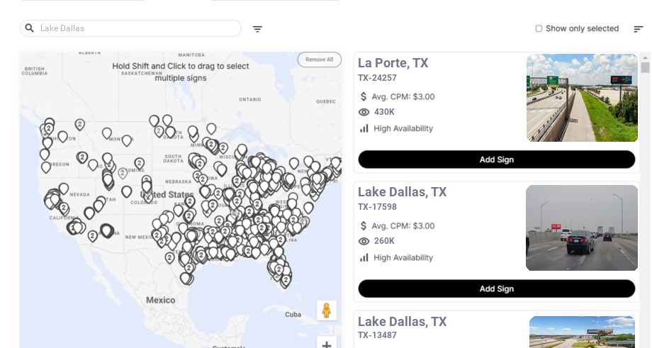 Billboard advertising in Lake Dallas, Texas - Choose your favorite location