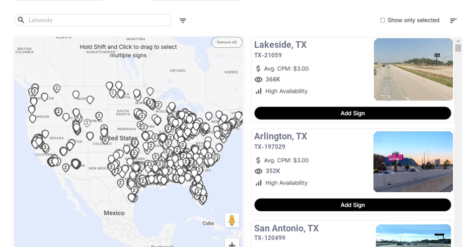Billboard advertising in Lakeside, Texas - Choose your favorite location