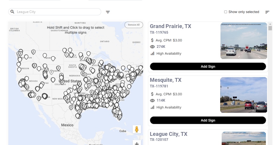 Billboard advertising in League City Tx, Texas - Choose your favorite location