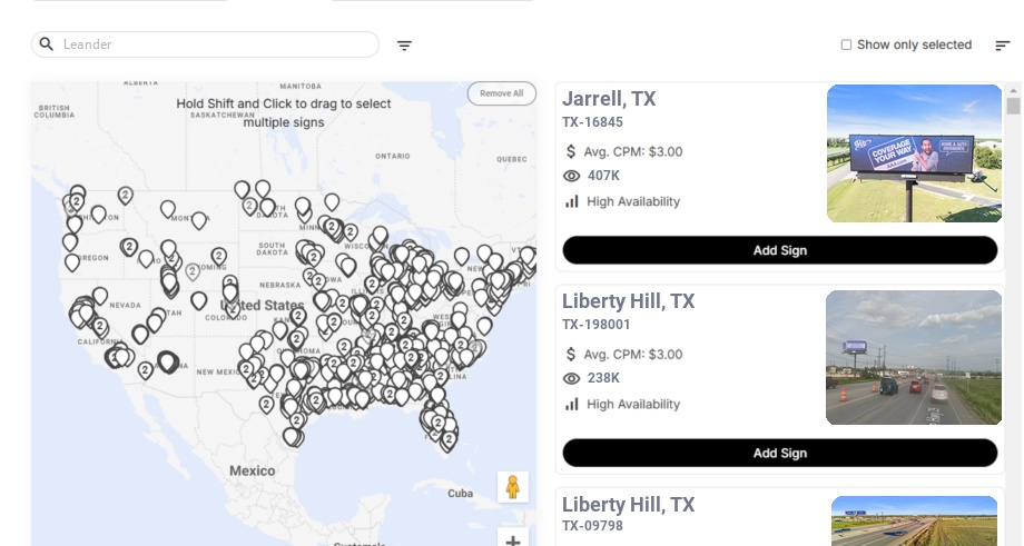 Billboard advertising in Leander Tx, Texas - Choose your favorite location