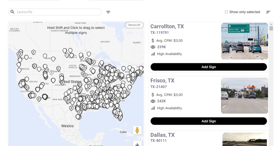 Billboard advertising in Lewisville, Texas - Choose your favorite location