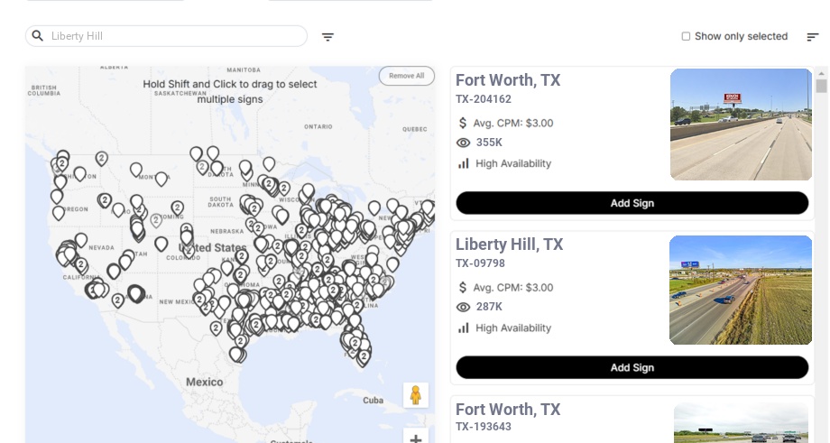 Billboard advertising in Liberty Hill, Texas - Choose your favorite location