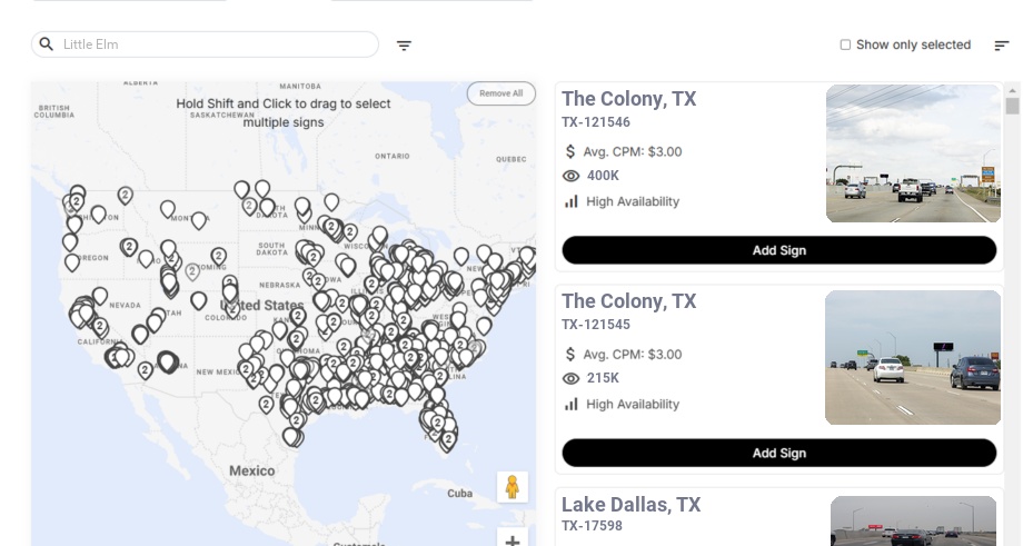 Billboard advertising in Little Elm Tx, Texas - Choose your favorite location