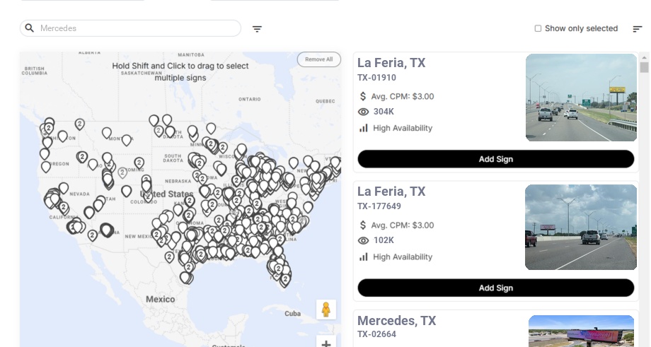 Billboard advertising in Mercedes Tx, Texas - Choose your favorite location