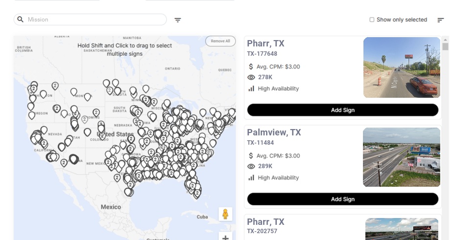 Billboard advertising in Mission Tx, Texas - Choose your favorite location