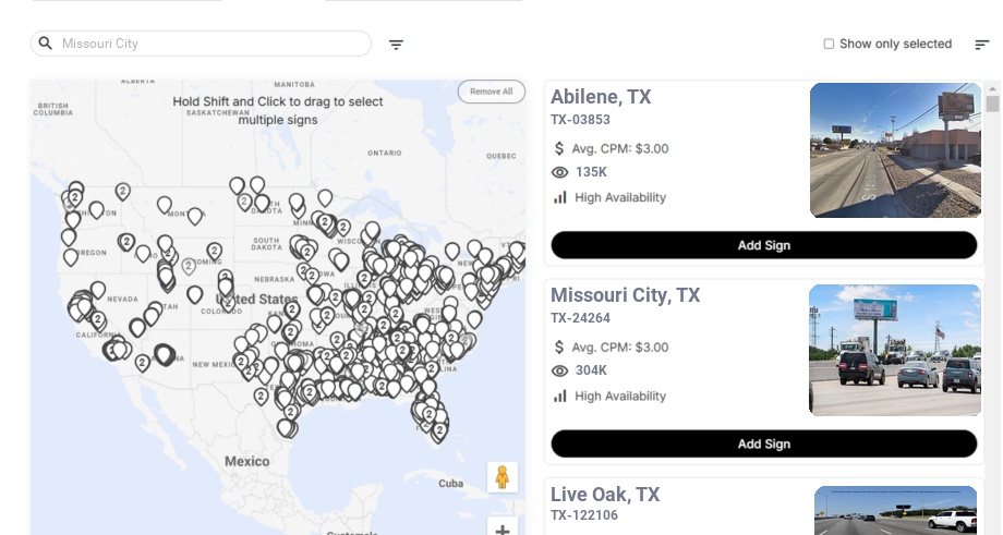 Billboard advertising in Missouri City, Texas - Choose your favorite location