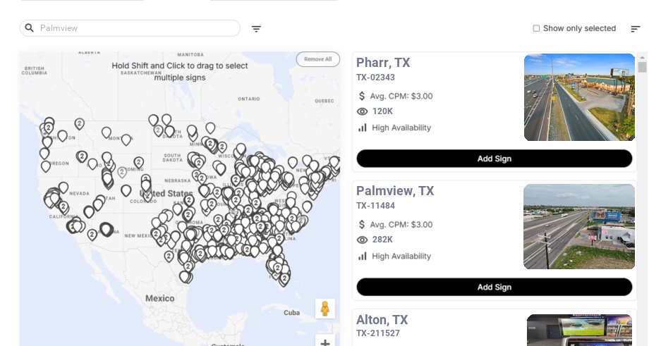 Billboard advertising in Palmview Tx, Texas - Choose your favorite location