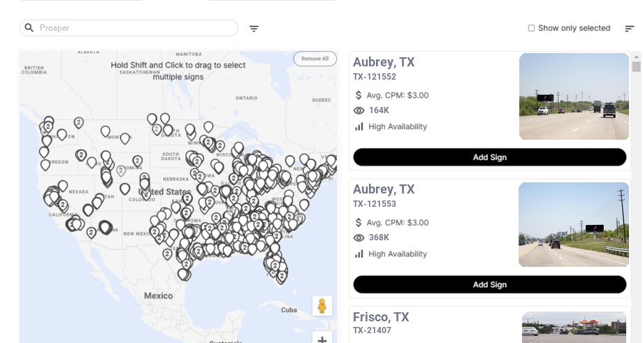 Billboard advertising in Prosper Tx, Texas - Choose your favorite location